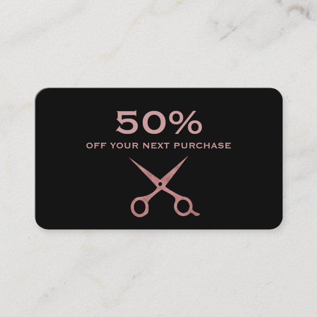 Simple Black With Rose Gold Scissors Discount Card (Front)