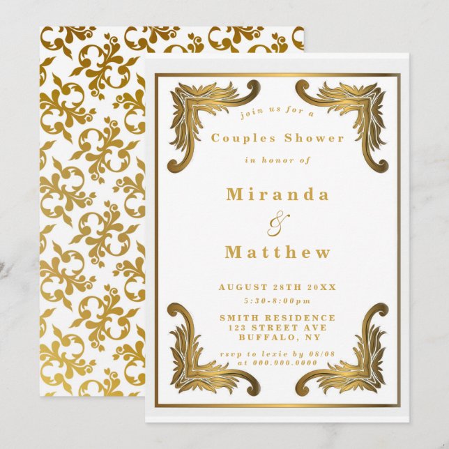 Simple Blanc Ornament Couples Invitations de douch (Devant / Derrière)