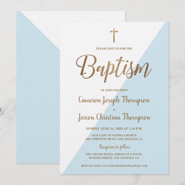 Simple Bleu Blanc Or Moderne Baptême Invitation (Devant / Derrière)