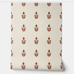 Simple Block Print Floral - Beige and Auburn Red Wallpaper