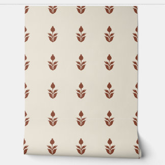 Simple Block Print Floral - Beige and Auburn Red Wallpaper