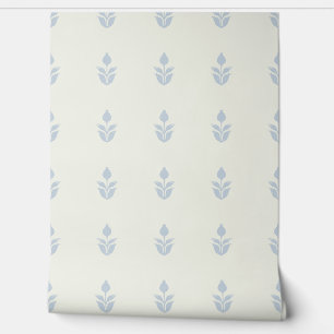 Simple Block Print Floral Heritage Off-White Blue Wallpaper