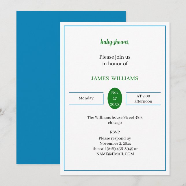 Simple Blue And Green Personalized Baby Shower Invitation (Front/Back)