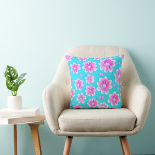 Simple Blue and Pink Flower Pattern Throw Pillow