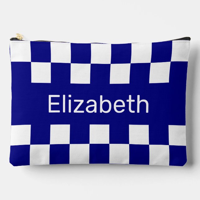 Simple Blue and White Checkerboard Pattern Name Accessory Pouch (Front)