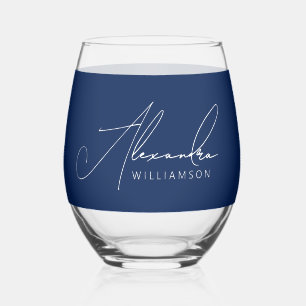 Simple Blue And White Modern Script Stylish Name Stemless Wine Glass