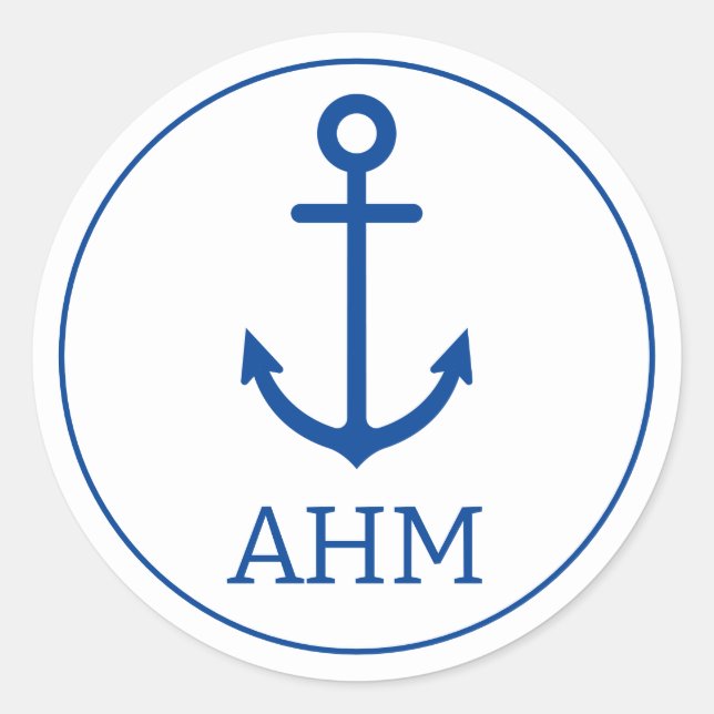 Simple Blue and White Nautical Anchor Monogram Classic Round Sticker (Front)