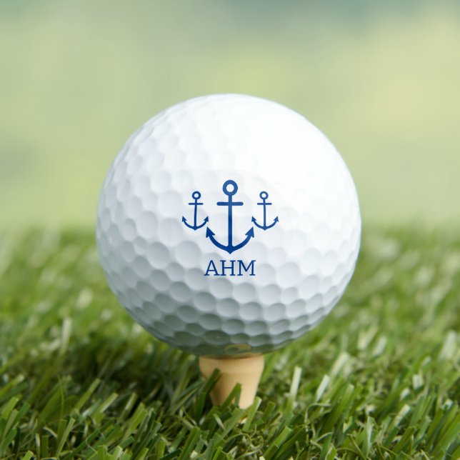 Simple Blue and White Nautical Anchor Monogram Golf Balls (Insitu Tee)