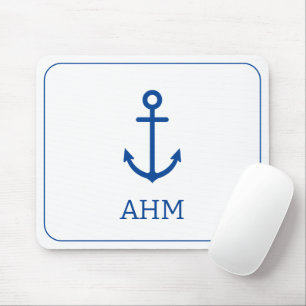 Simple Blue and White Nautical Anchor Monogram Mouse Pad