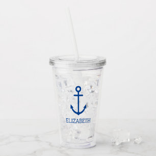 Simple Blue and White Nautical Anchor Personalized Acrylic Tumbler
