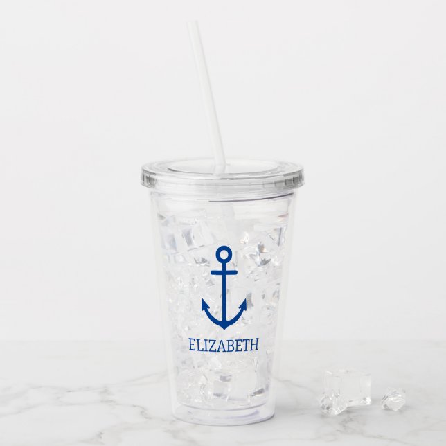 Simple Blue and White Nautical Anchor Personalized Acrylic Tumbler (Front Ice)