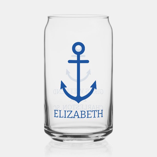 Simple Blue and White Nautical Anchor Personalized Can Glass (Front)