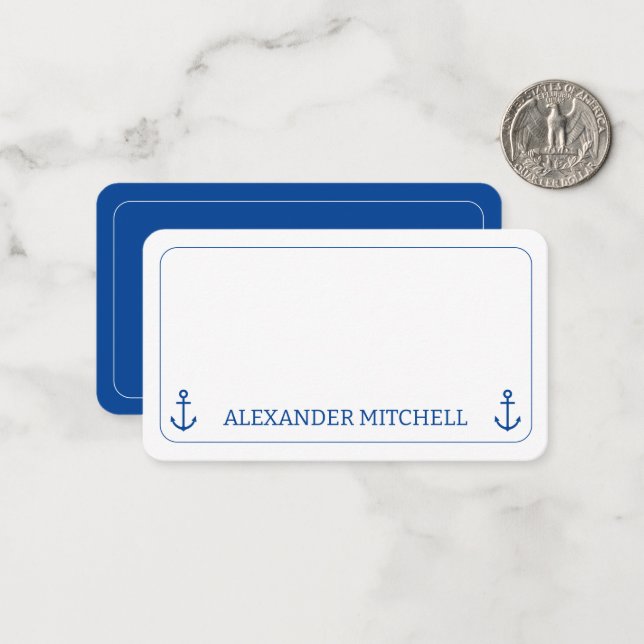 Simple Blue and White Nautical Anchor Personalized Card (Front/Back In Situ)