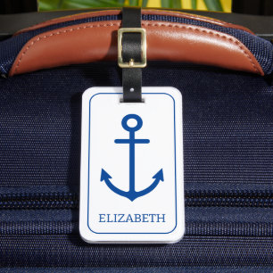 Simple Blue and White Nautical Anchor Personalized Luggage Tag