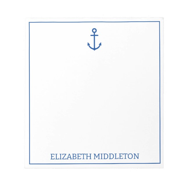 Simple Blue and White Nautical Anchor Personalized Notepad (Front)