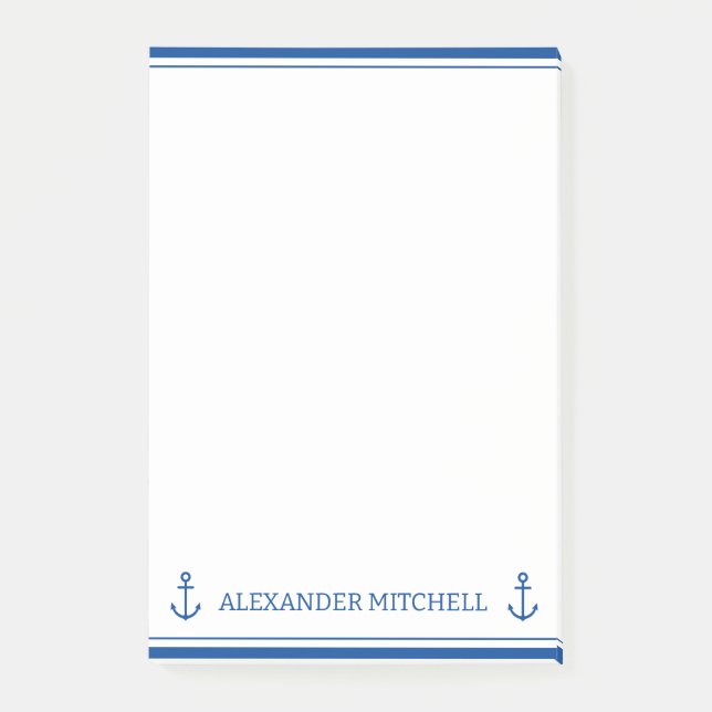 Simple Blue and White Nautical Anchor Personalized Post-it Notes (Front)