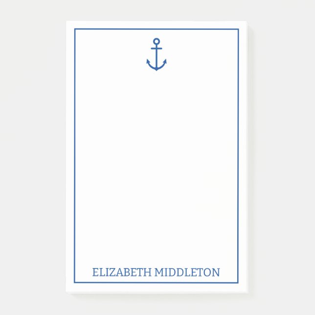 Simple Blue and White Nautical Anchor Personalized Post-it Notes (Front)