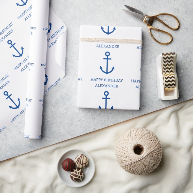 Simple Blue and White Nautical Anchor Personalized Wrapping Paper (Crafts)
