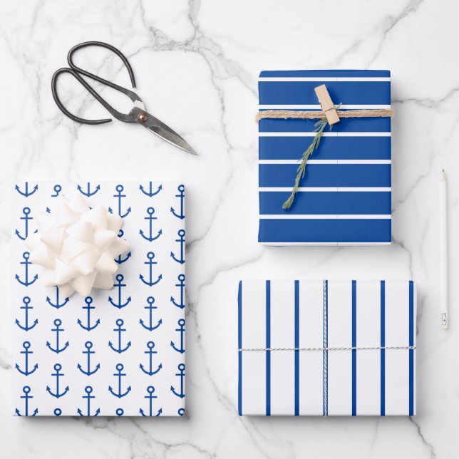 Simple Blue and White Nautical Anchor Personalized Wrapping Paper Sheet (Front)