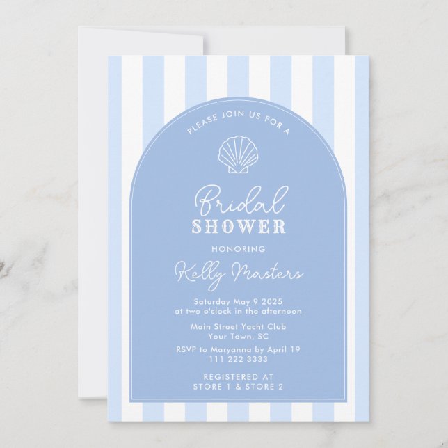 Simple Blue And White Shell Coastal Bridal Shower Invitation (Front)