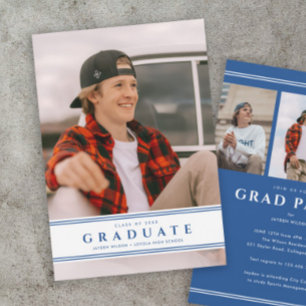 Simple Blue and White Sporty Photo Graduation  Invitation