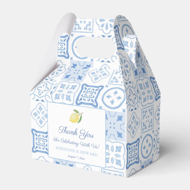 Simple Blue And White Tile Lemon Wedding Shower Favor Box (Front Side)