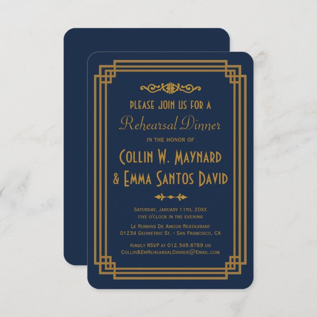Simple Blue Art Deco Rehearsal Dinner Invites (Front/Back)