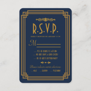 Simple Blue Art Deco Wedding RSVP Cards