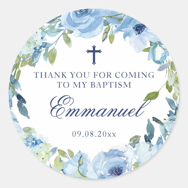 Simple Blue Baptism Favours for Boys Classic Round Sticker (Front)