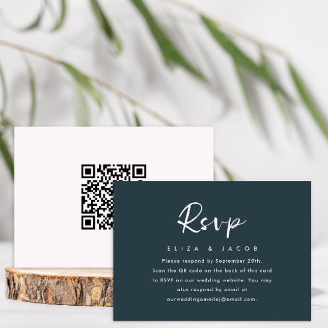 Simple Blue Blush Wedding RSVP script QR Code Card (Creator Uploaded)