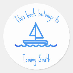 Simple Blue Boat Drawing Round Sticker