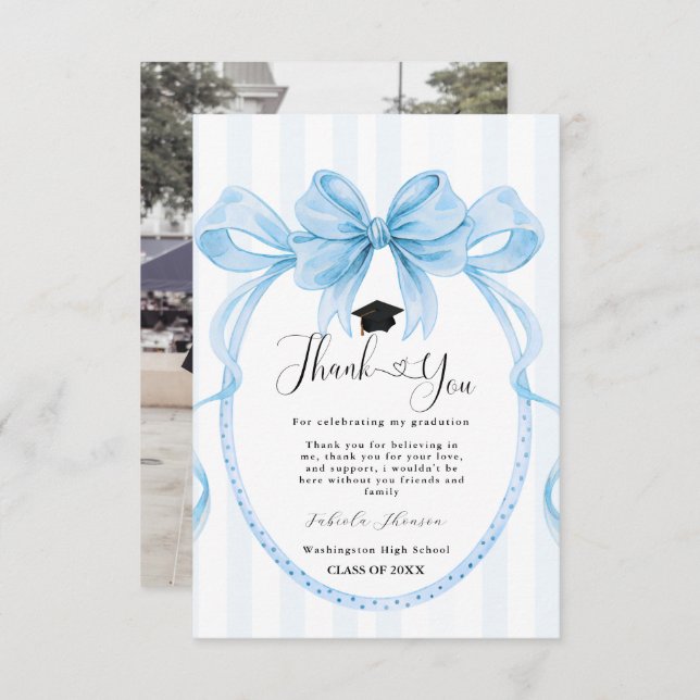 Simple Blue bow  graduation thank you message (Front/Back)