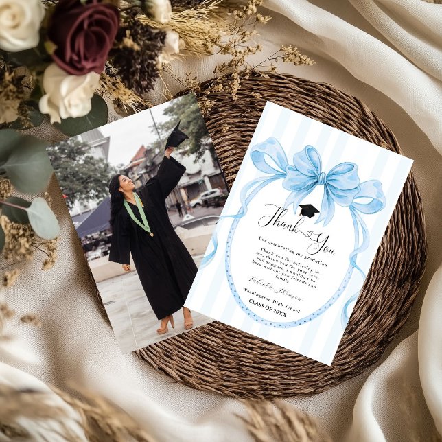 Simple Blue bow  graduation thank you message Card (Creator Uploaded)