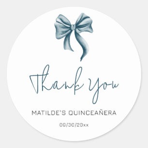Simple Blue Bow Script Quinceanera Thank You Classic Round Sticker