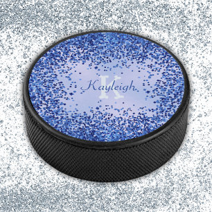 Simple Blue Brushed Metal and Glitter Monogram   Hockey Puck
