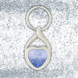 Simple Blue Brushed Metal and Glitter Monogram   Keychain