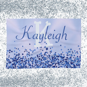 Simple Blue Brushed Metal and Glitter Monogram   Kitchen Towel