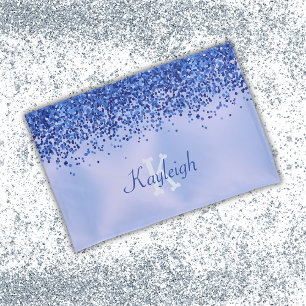 Simple Blue Brushed Metal and Glitter Monogram   Pillowcase