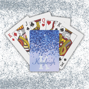 Simple Blue Brushed Metal and Glitter Monogram   Playing Cards