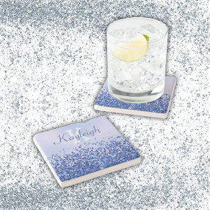 Simple Blue Brushed Metal and Glitter Monogram   Stone Coaster