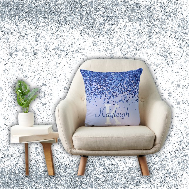 Simple Blue Brushed Metal and Glitter Monogram | Throw Pillow (Creator Uploaded)