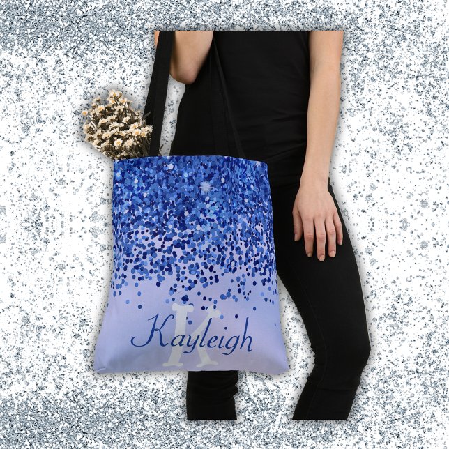 Simple Blue Brushed Metal and Glitter Monogram | Tote Bag (Creator Uploaded)