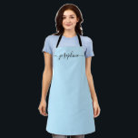 Simple Blue Chic Elegant Name Script Apron<br><div class="desc">She'll love a personalized apron as she bakes those goodies,  cooks delicious dishes or work with her plants. A perfect gift to encourage her talents. Black script for the name with long-tail embellishments on blue.</div>