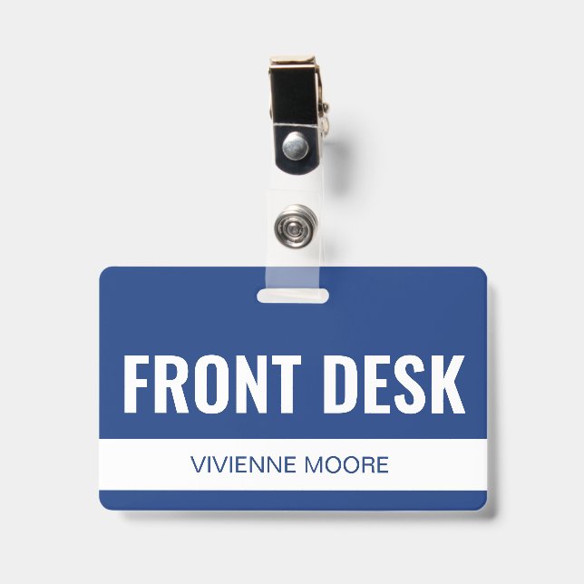 Simple Blue Custom Hotel Front Desk Employee ID Badge (Front with Clip)
