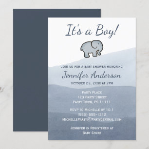 Simple Blue Elephant Watercolor Boy Baby Shower Invitation