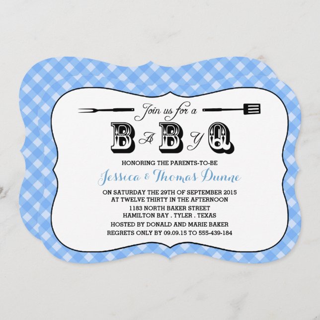 Simple Blue En vichy BBQ Baby Shower Invitations (Devant / Derrière)