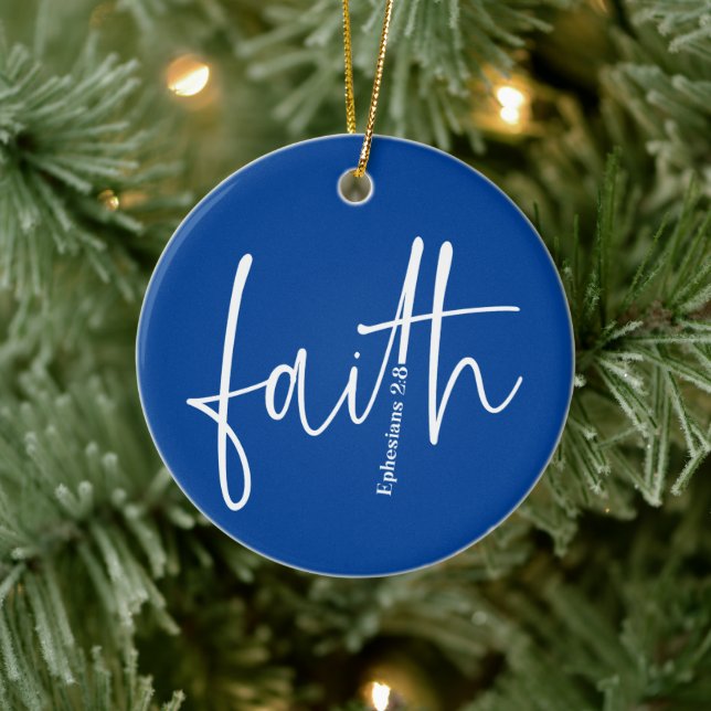 Simple Blue Faith Bible Verse Calligraphy Text Ceramic Ornament (Tree)