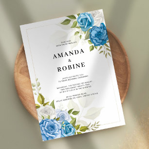 Simple Blue Floral Elegant Wedding  Invitation