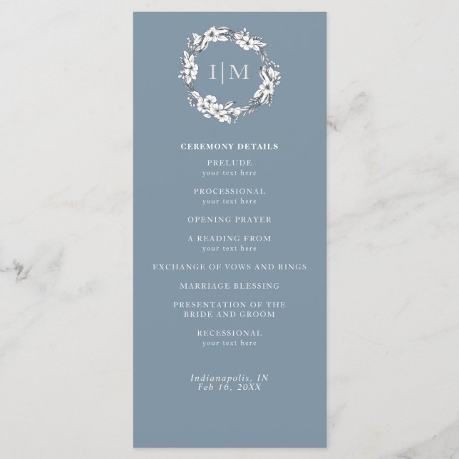 Simple Blue Floral Monogram Wedding Program (Front)