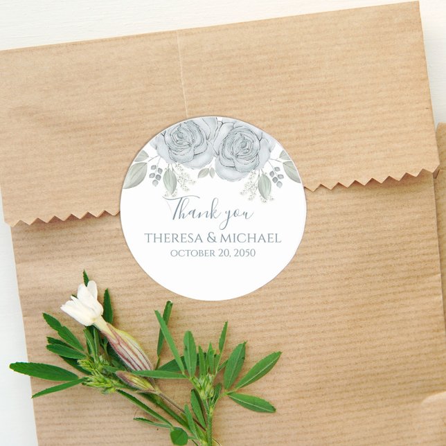 Simple Blue Floral Rose Thank You Elegant Favour Classic Round Sticker (Creator Uploaded)